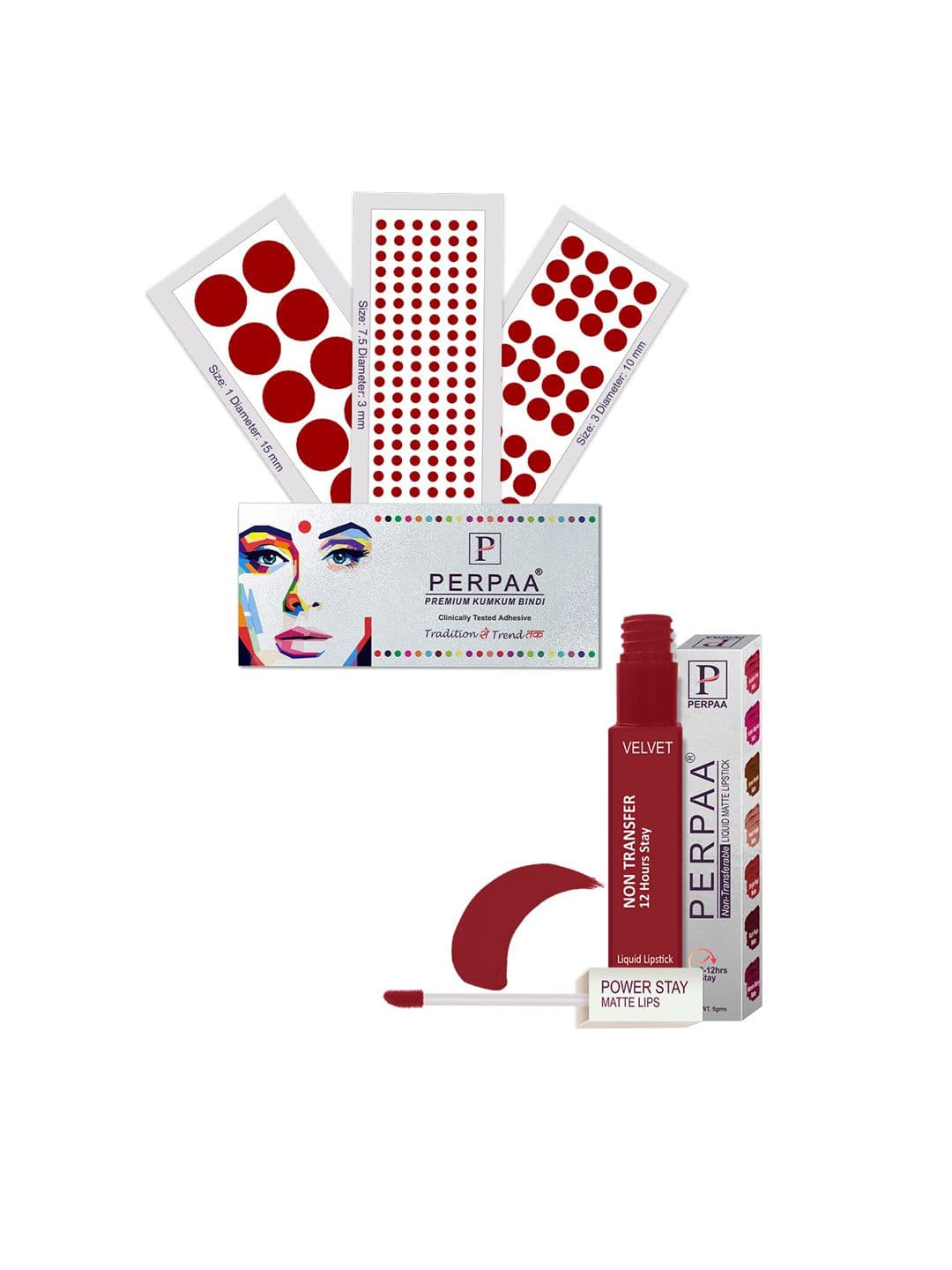 PERPAA Power Stay Non Transfer Lipstick-22 & Set of 3 Premium Bindis - Size 7.5,01,03 - view 1