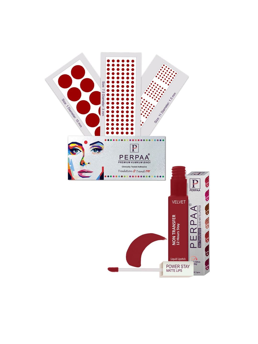 PERPAA Power Stay Non Transfer Lipstick - Shade 22 & Set of 3 Premium Light Maroon Bindis - view 1