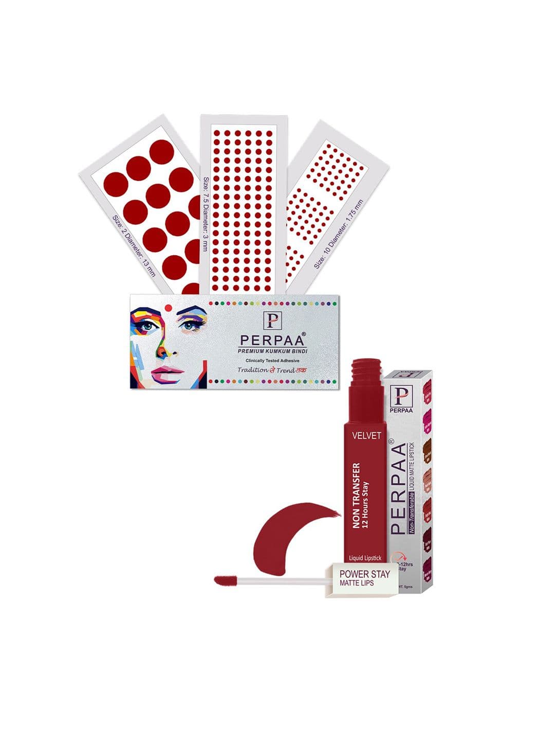 PERPAA Power Stay Non Transfer Lipstick-22 & Set of 3 Premium Bindis - Size 7.5,02,10 - view 1