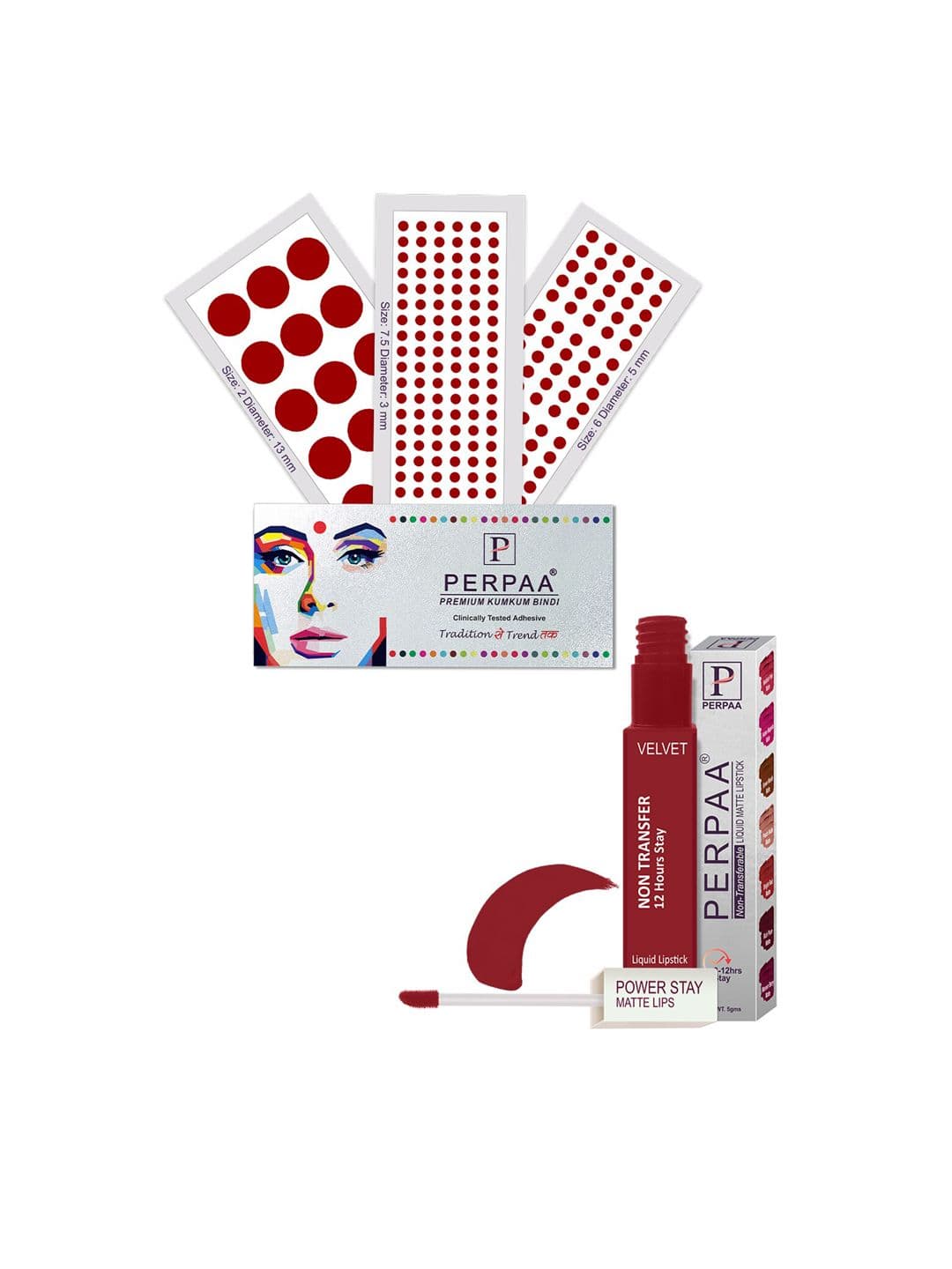PERPAA Power Stay Non Transfer Lipstick-22 & Set of 3 Premium Red Bindis-Size 7.5,02,06 - view 1