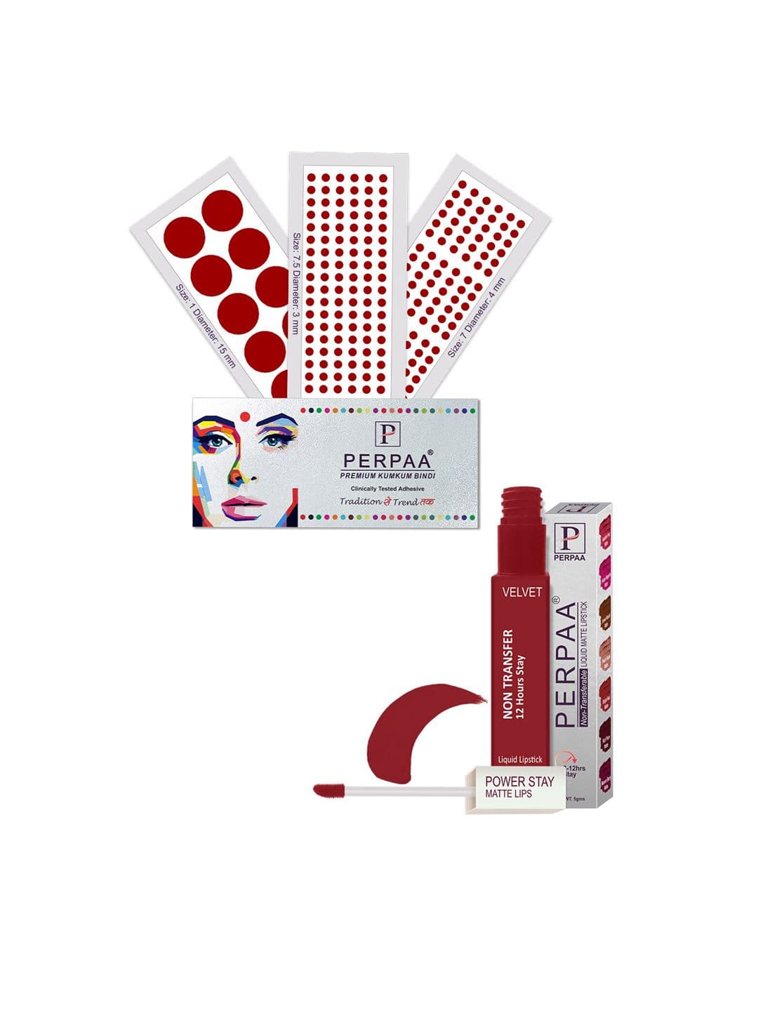 PERPAA Power Stay Non Transfer Lipstick-22 & Set of 3 Premium Bindis - Size 7.5,01,07 - view 1