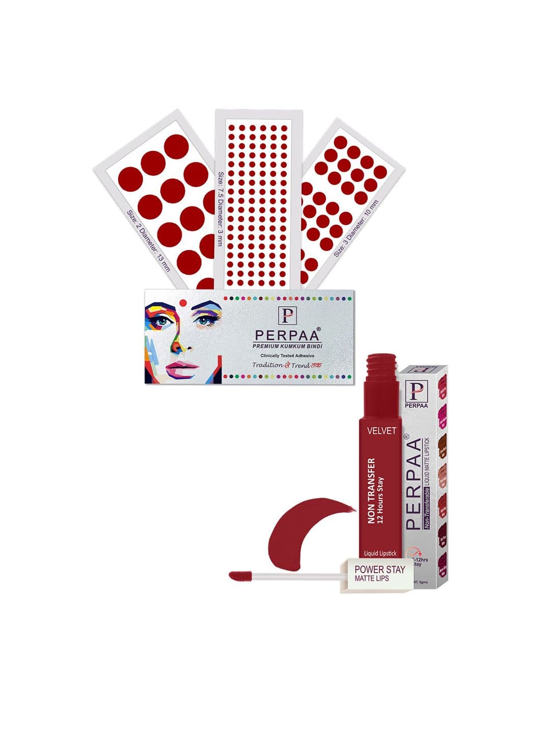 PERPAA Power Stay Non Transfer Lipstick-22 & Set of 3 Premium Red Bindis-Size 7.5,02,03 - view 1