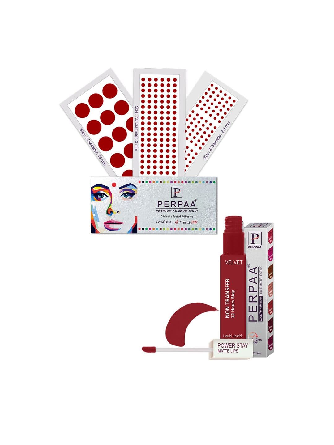 PERPAA Power Stay Non Transfer Lipstick - Shade 22 & Set of 3 Premium Light Maroon Bindis - view 1