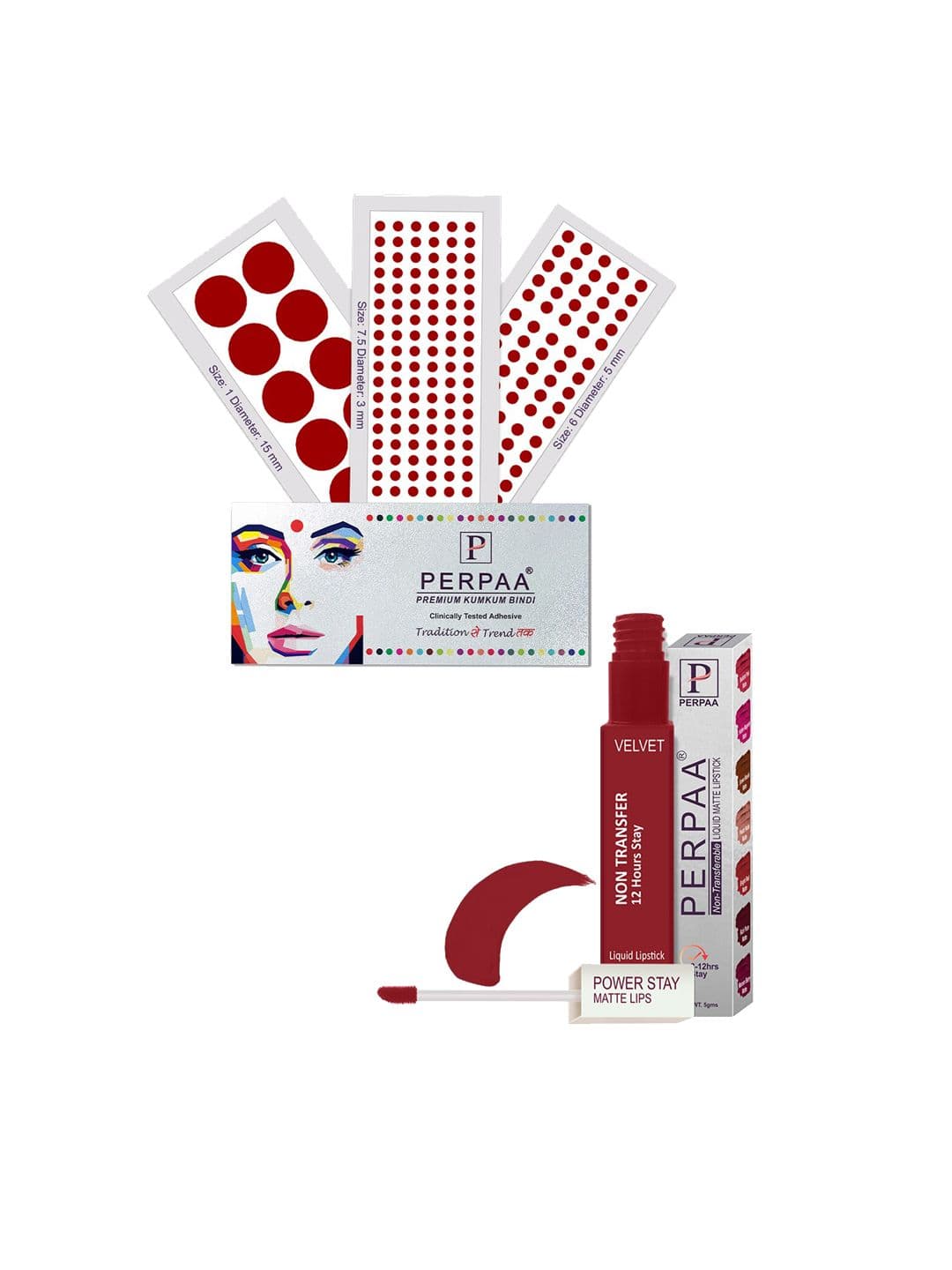 PERPAA Power Stay Non Transfer Lipstick-22 & Set of 3 Premium Red Bindis-Size 7.5,01,06 - view 1