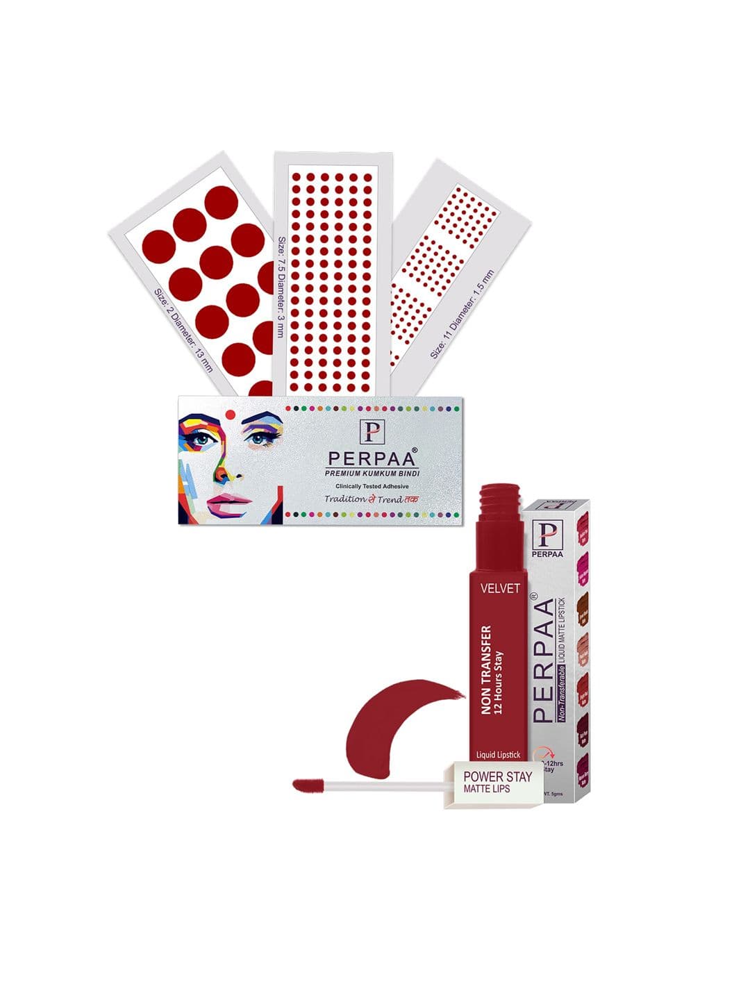 PERPAA Power Stay Non Transfer Lipstick-22 & Set of 3 Premium Red Bindis-Size 7.5,02,11 - view 1
