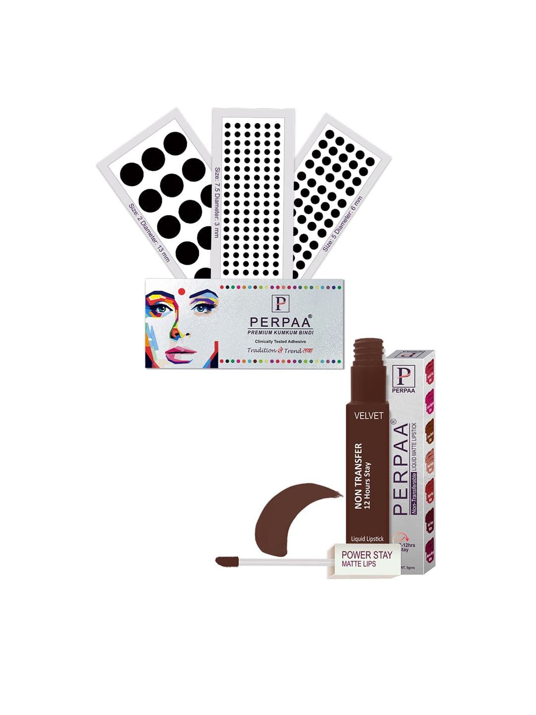 PERPAA Power Stay Non Transfer Lipstick-16 & Set of 3 Premium Black Bindis-Size 7.5,02,05 - view 1