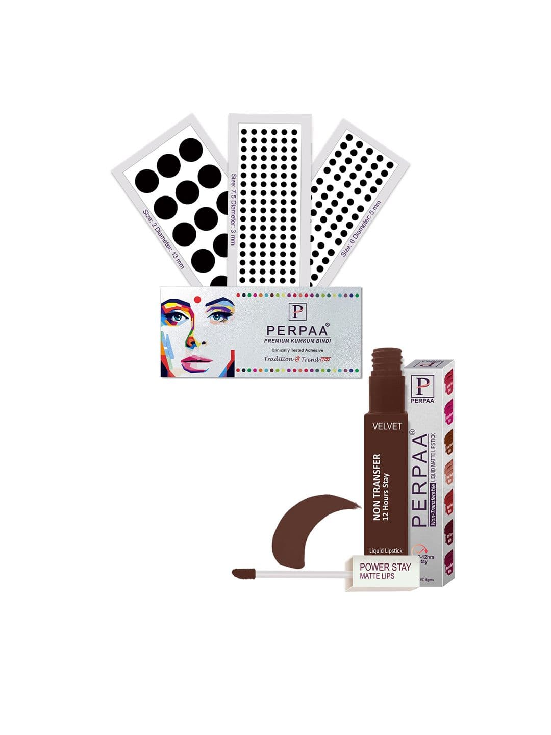 PERPAA Power Stay Non Transfer Lipstick-16 & Set of 3 Premium Black Bindis-Size 7.5,02,06 - view 1