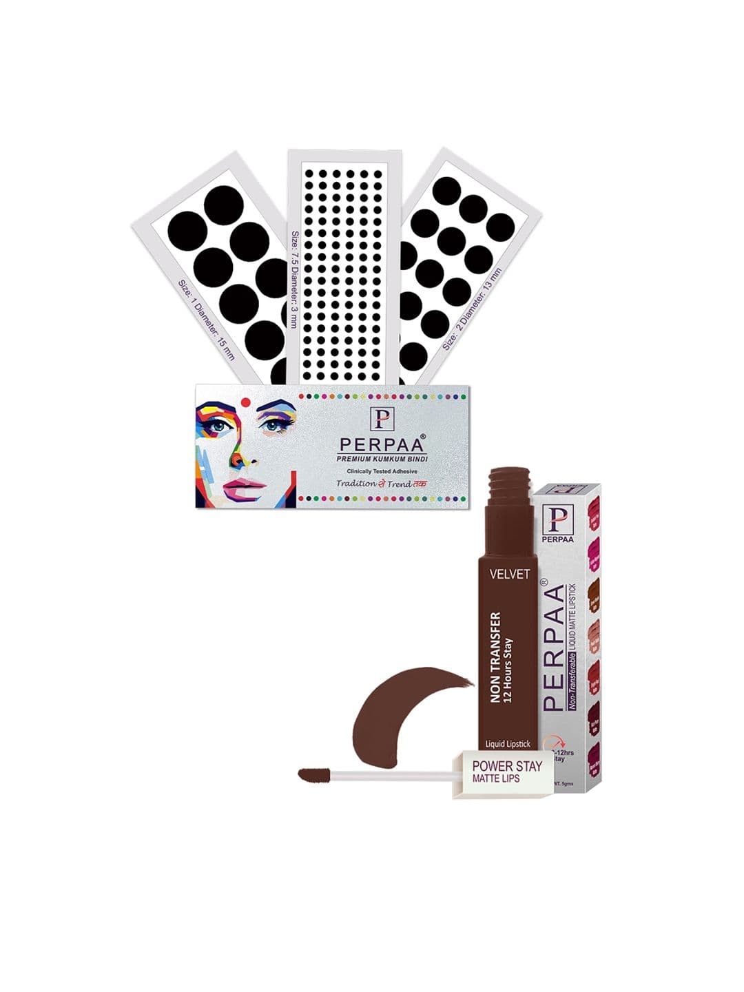 PERPAA Power Stay Non Transfer Lipstick-16 & Set of 3 Premium Black Bindis-Size 7.5,01,02 - view 1