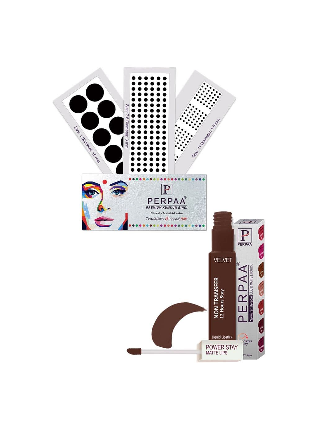 PERPAA Power Stay Non Transfer Lipstick-16 & Set of 3 Premium Black Bindis-Size 7.5,01,11 - view 1