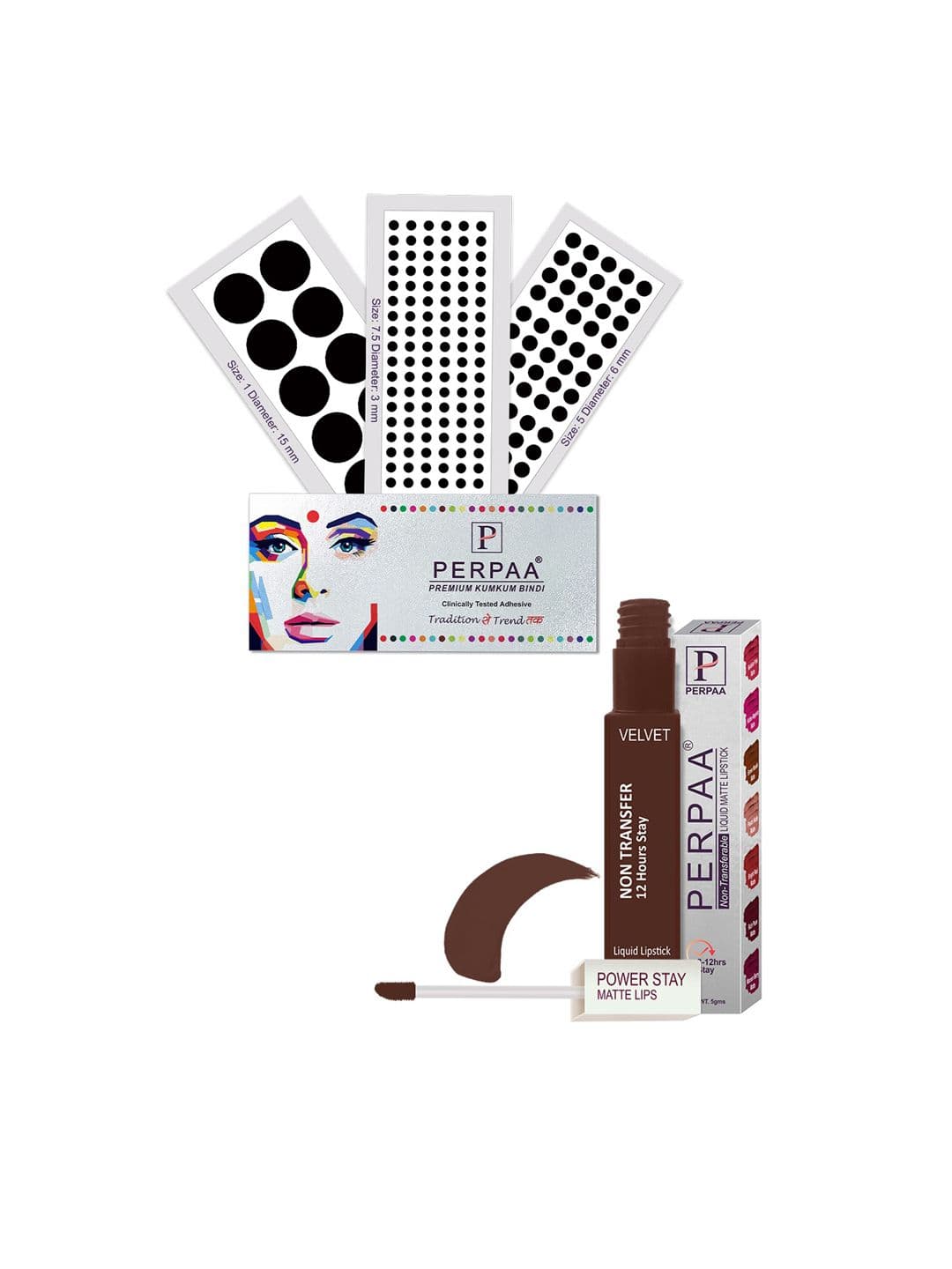 PERPAA Power Stay Non Transfer Lipstick-16 & Set of 3 Premium Black Bindis-Size 7.5,01,05 - view 1