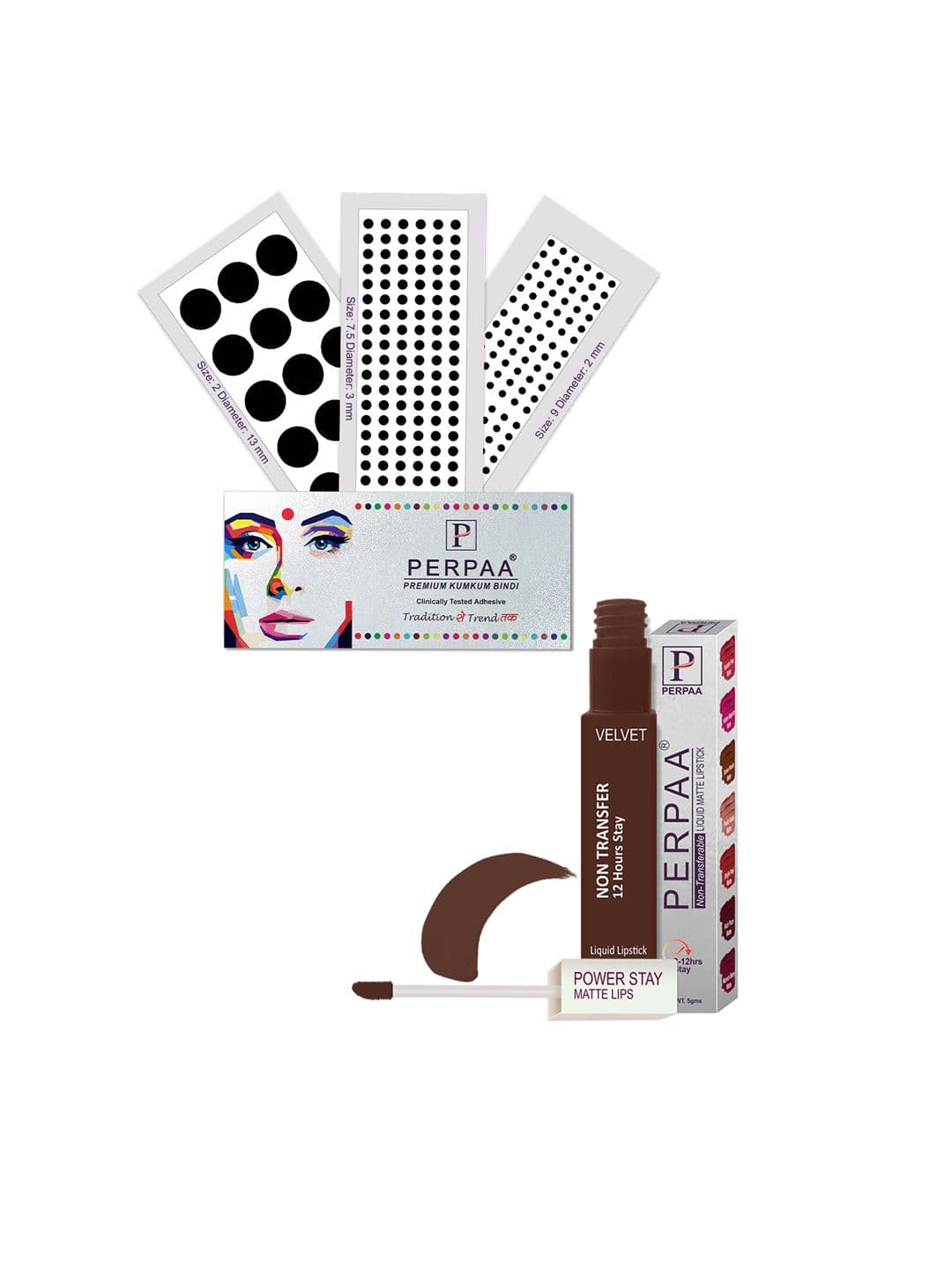 PERPAA Power Stay Non Transfer Lipstick-16 & Set of 3 Premium Black Bindis-Size 7.5,02,09 - view 1