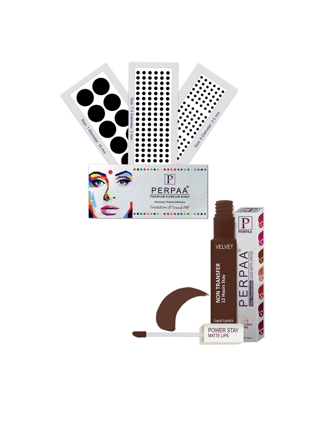 PERPAA Power Stay Non Transfer Lipstick-16 & Set of 3 Premium Black Bindis- Size 7.5,01,08 - view 1