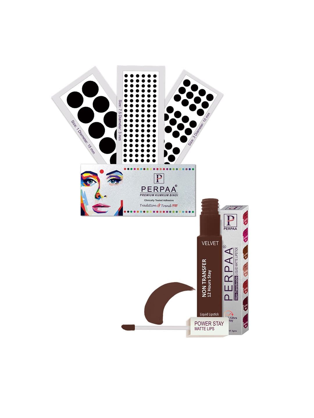 PERPAA Power Stay Non Transfer Lipstick-16 & Set of 3 Premium Black Bindis- Size 7.5,01,03 - view 1