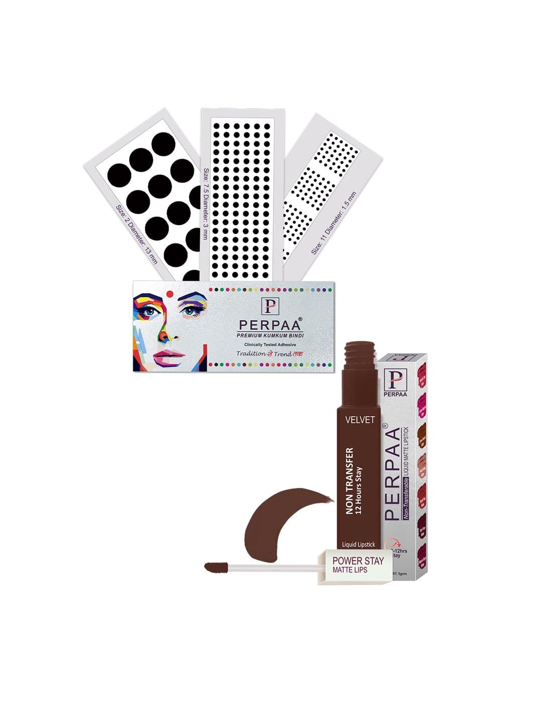 PERPAA Power Stay Non Transfer Lipstick-16 & Set of 3 Premium Black Bindis- Size 7.5,02,11 - view 1