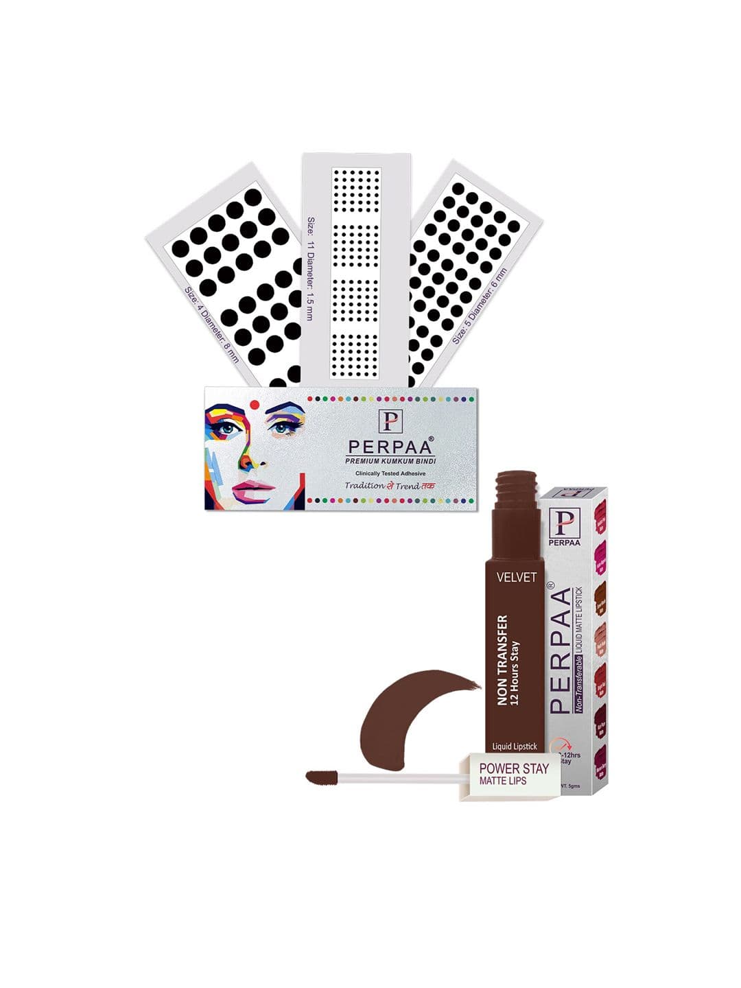 PERPAA Power Stay Non Transfer Lipstick-16 & Set of 3 Premium Black Bindis- Size 04,05,11 - view 1
