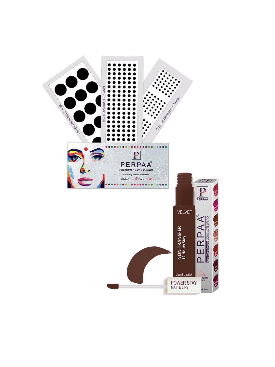 PERPAA Power Stay Non Transfer Lipstick-16 & Set of 3 Premium Black Bindis- Size 7.5,02,10 - view 1