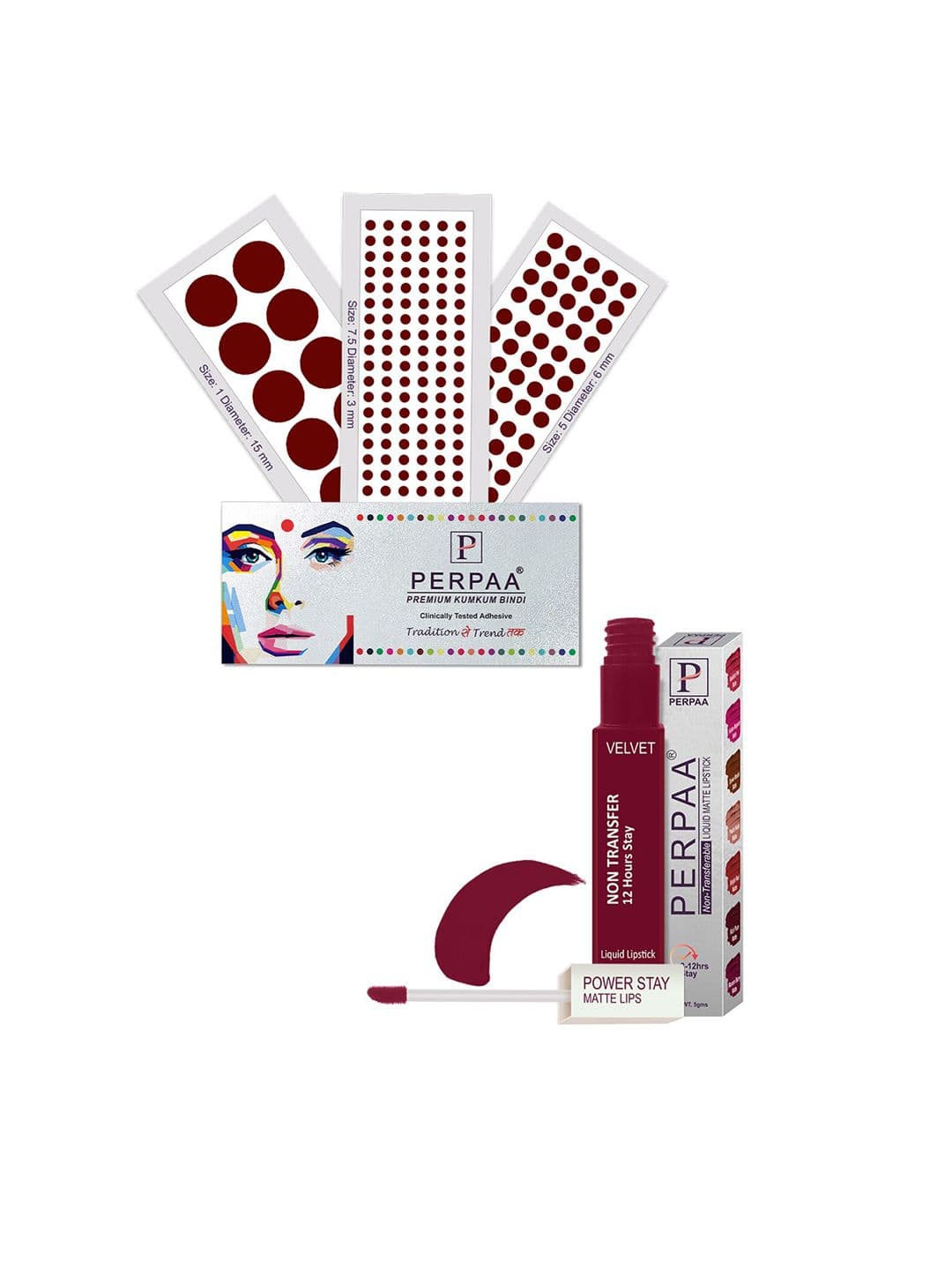 PERPAA Power Stay Non Transfer Lipstick-09 & Set of 3 Premium Maroon Bindis-Size 7.5,01,05 - view 1