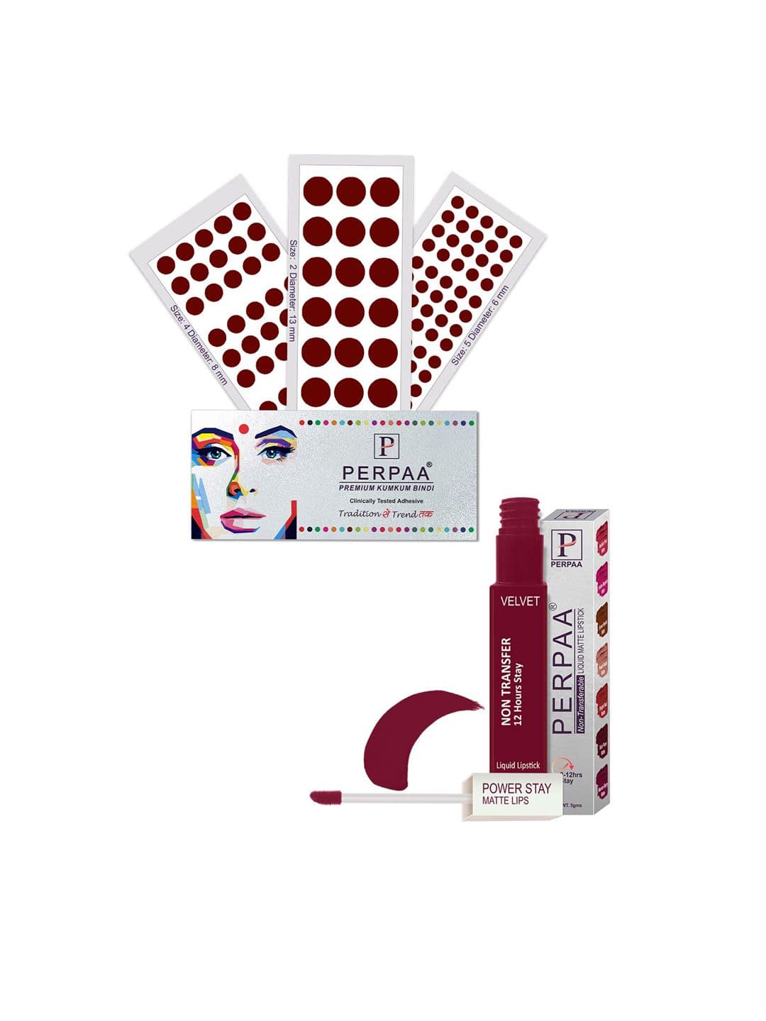 PERPAA Power Stay Non Transfer Lipstick-09 & Set of 3 Premium Maroon Bindis- Size 02,05,04 - view 1