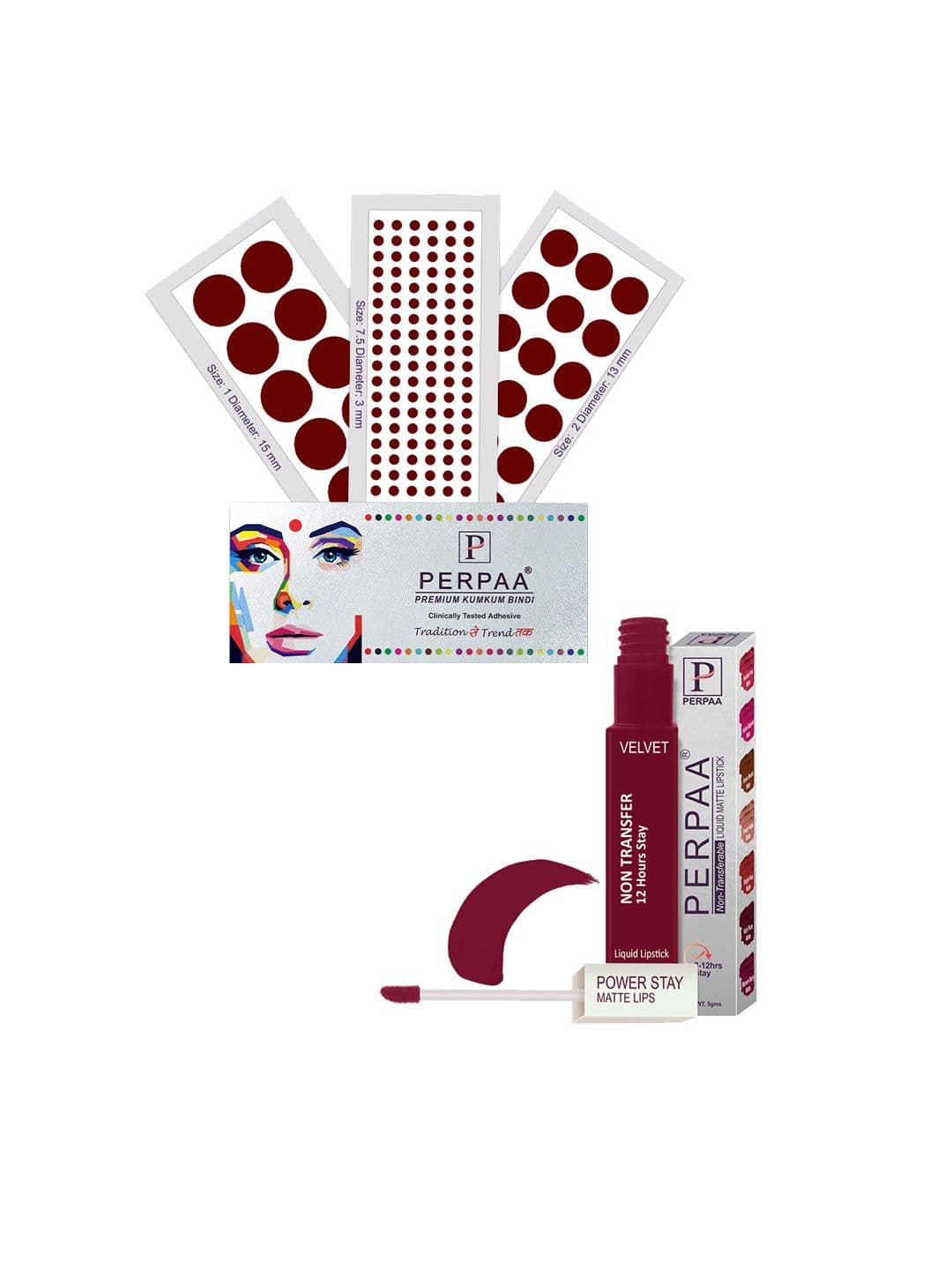 PERPAA Power Stay Non Transfer Lipstick-09 & Set of 3 Premium Maroon Bindis-Size 7.5,01,02 - view 1