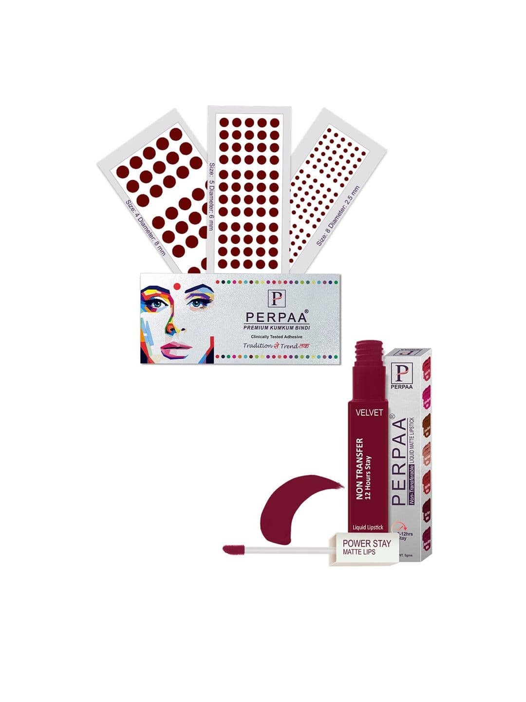 PERPAA Power Stay Non Transfer Lipstick-09 & Set of 3 Premium Maroon Bindis- Size 04,05,08 - view 1