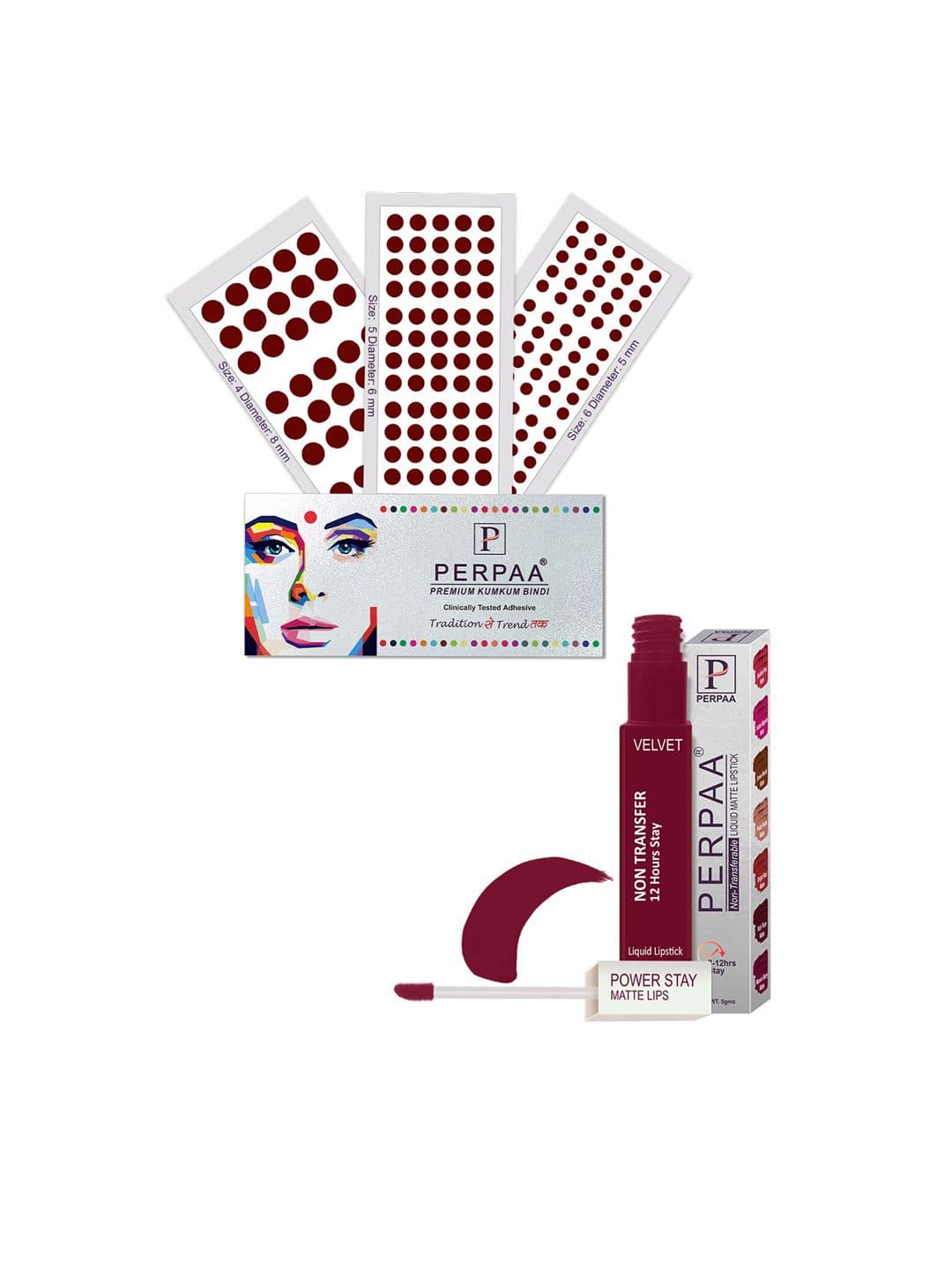 PERPAA Power Stay Non Transfer Lipstick-09 & Set of 3 Premium Maroon Bindis- Size 04,05,06 - view 1