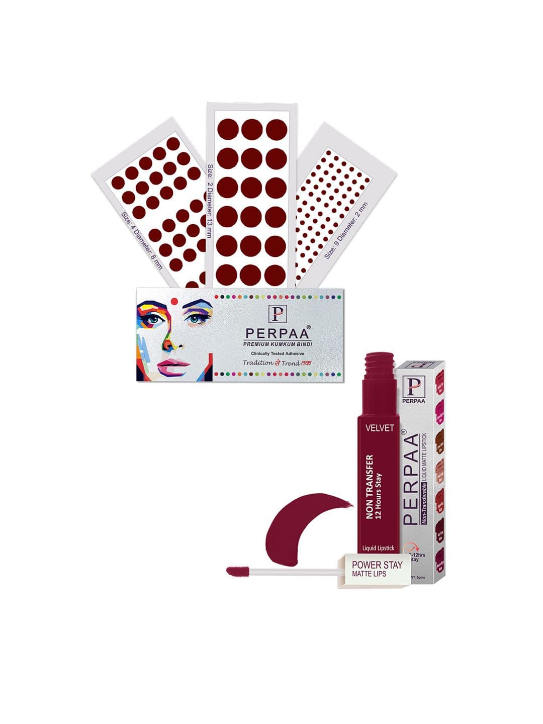 PERPAA Power Stay Non Transfer Lipstick-09 & Set of 3 Premium Maroon Bindis- Size 02,09,04 - view 1