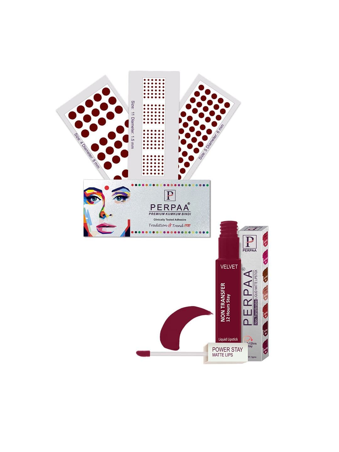 PERPAA Power Stay Non Transfer Lipstick-09 & Set of 3 Premium Maroon Bindis- Size 04,05,11 - view 1