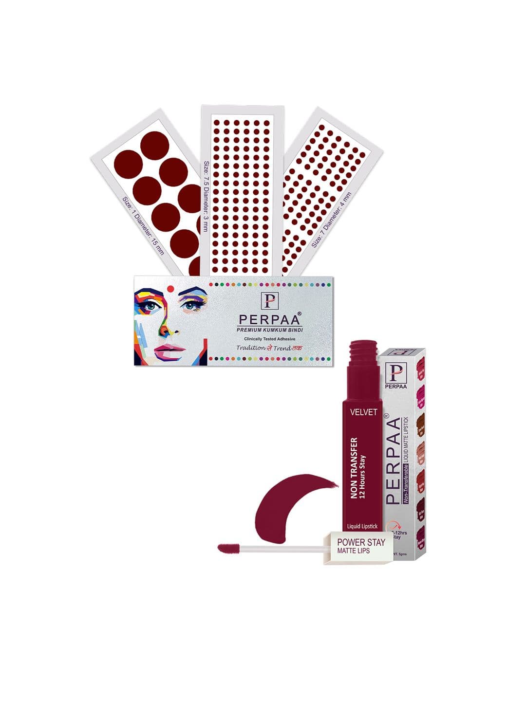 PERPAA Power Stay Non Transfer Lipstick-09 & Set of 3 Premium Maroon Bindi- Size 7.5,01,07 - view 1