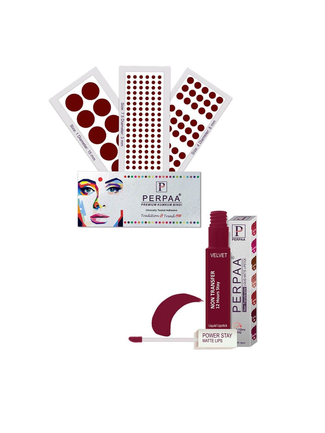 PERPAA Power Stay Non Transfer Lipstick-09 & Set of 3 Premium Maroon Bindi- Size 7.5,01,04 - view 1