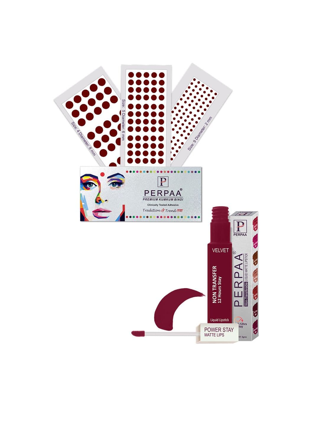PERPAA Power Stay Non Transfer Lipstick-09 & Set of 3 Premium Maroon Bindis- Size 04,05,09 - view 1