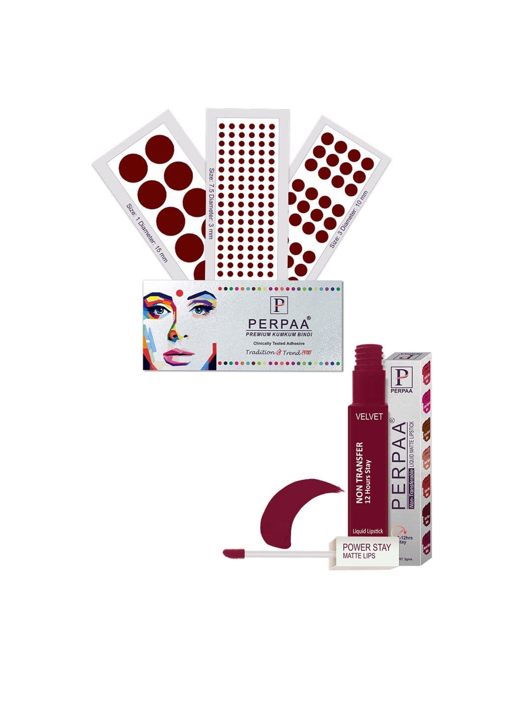 PERPAA Power Stay Non Transfer Lipstick - Shade 09 & Set of 3 Premium Dark Maroon Bindis - view 1