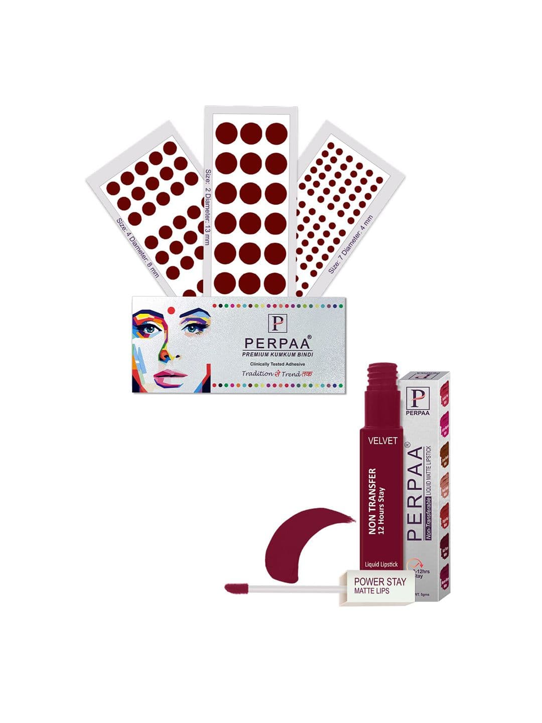 PERPAA Power Stay Non Transfer Lipstick - Shade 09 & Set of 3 Premium Dark Maroon Bindis - view 1