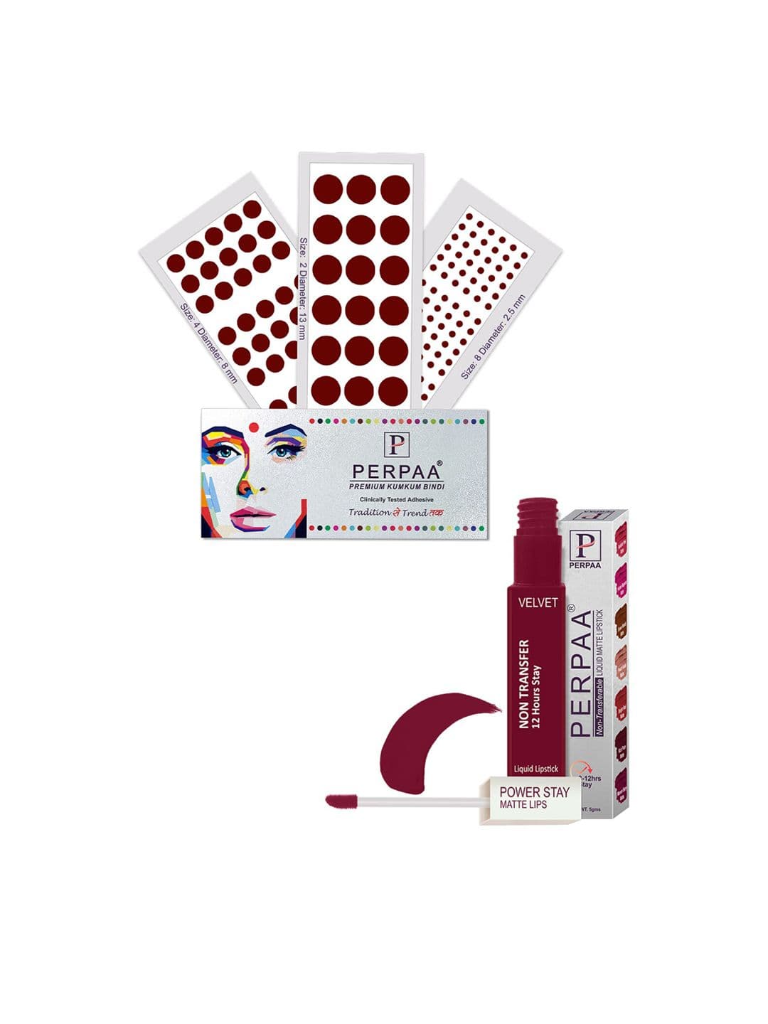 PERPAA Power Stay Non Transfer Lipstick - Shade 09 & Set of 3 Premium Dark Maroon Bindis - view 1