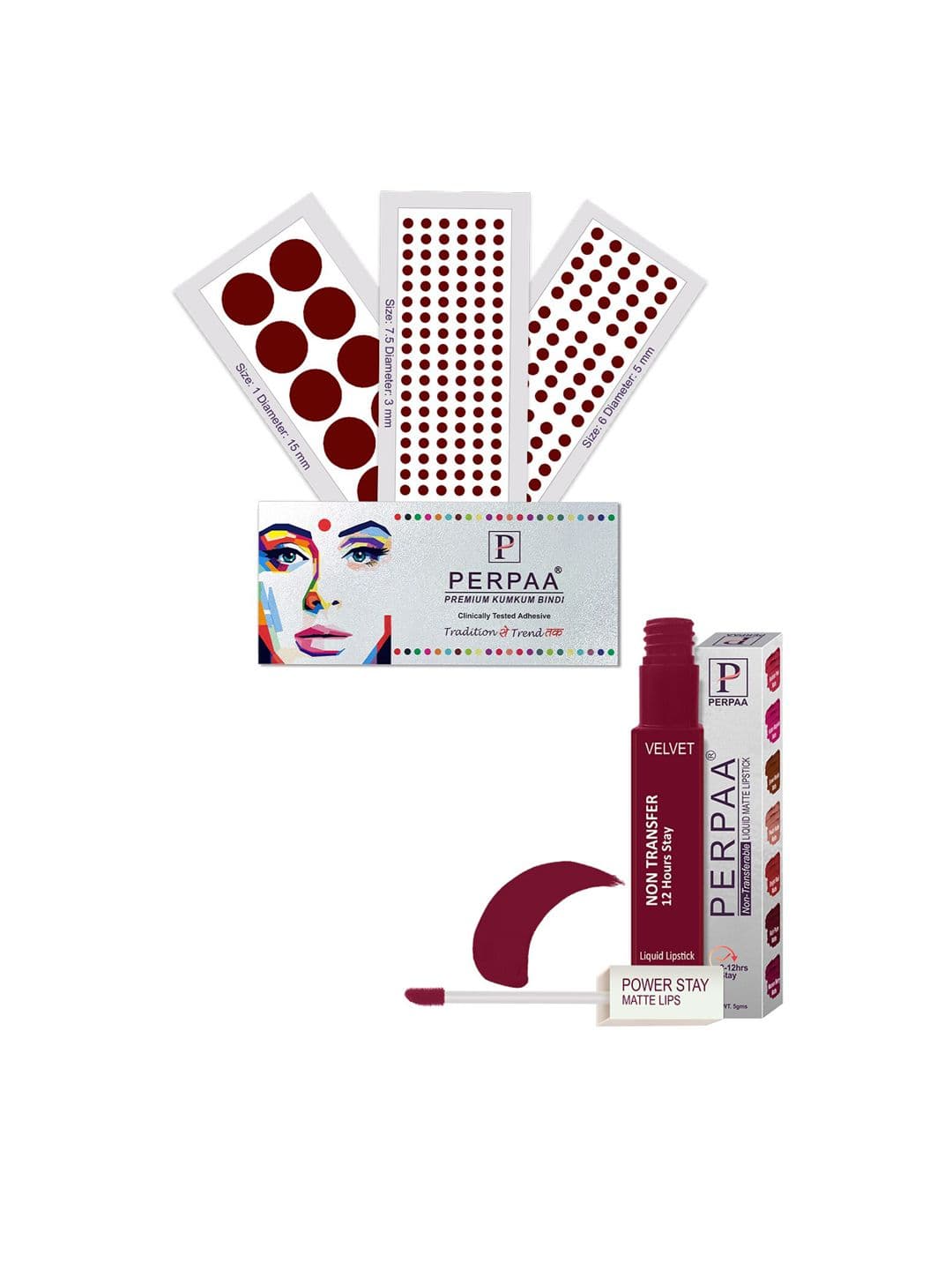 PERPAA Power Stay Non Transfer Lipstick - Shade 09 & Set of 3 Premium Dark Maroon Bindis - view 1