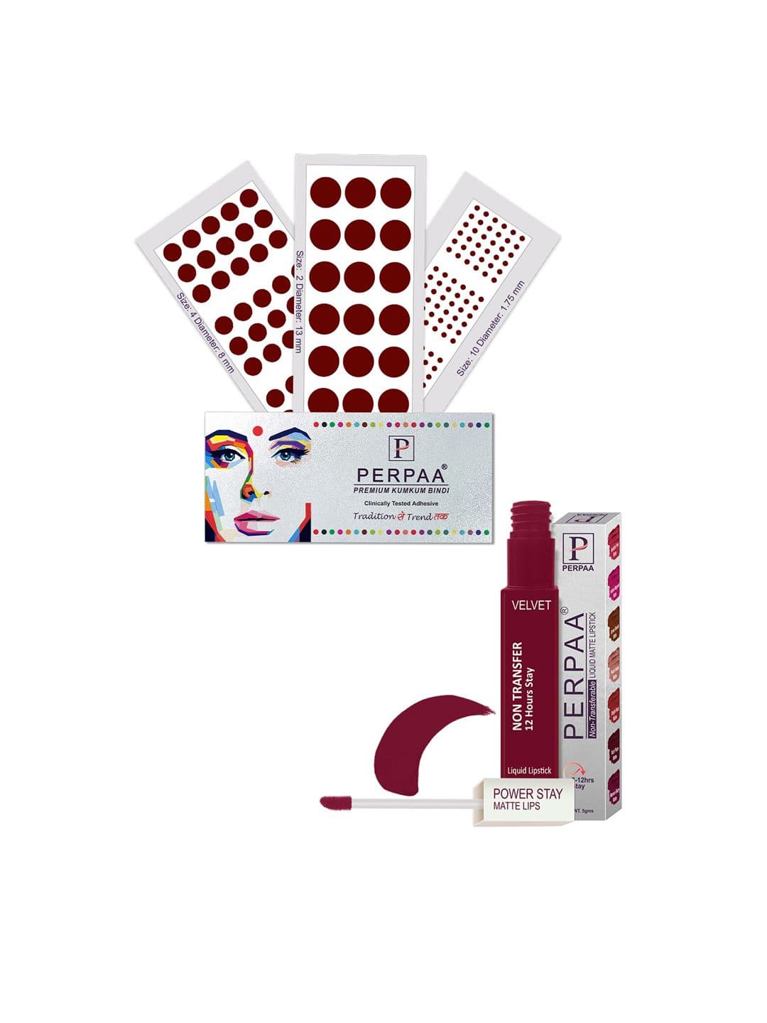 PERPAA Power Stay Non Transfer Lipstick - Shade 09 & Set of 3 Premium Dark Maroon Bindis - view 1