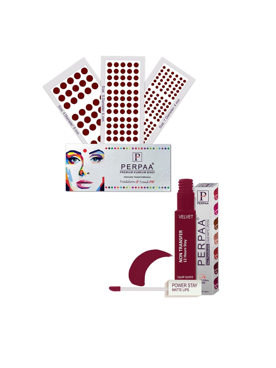 PERPAA Power Stay Non Transfer Lipstick - Shade 09 & Set of 3 Premium Dark Maroon Bindis - view 1