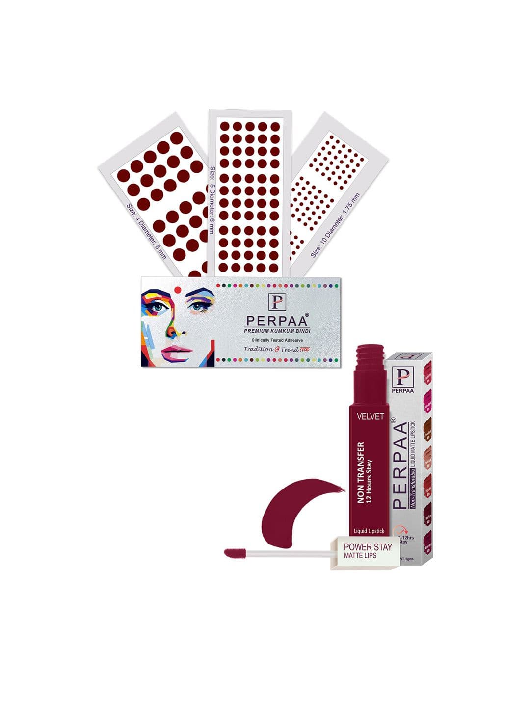 PERPAA Power Stay Non Transfer Lipstick - Shade 09 & Set of 3 Premium Dark Maroon Bindis - view 1