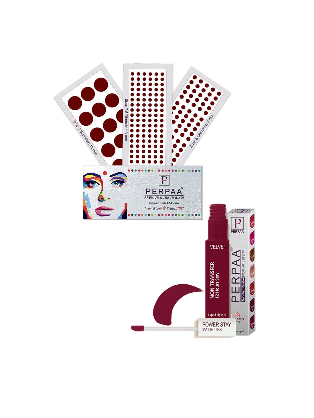 PERPAA Power Stay Non Transfer Lipstick-09 & Set of 3 Premium Maroon Bindis-Size 7.5,02,06 - view 1