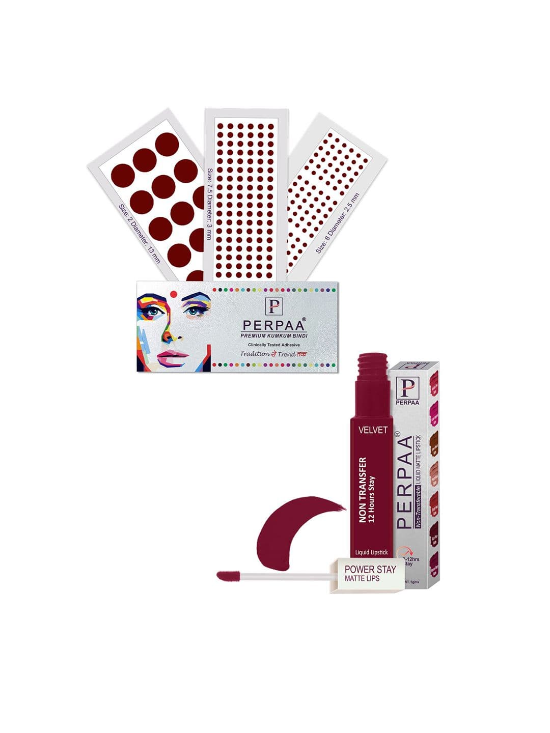 PERPAA Power Stay Non Transfer Lipstick-09 & Set of 3 Premium Maroon Bindis-Size 7.5,02,08 - view 1