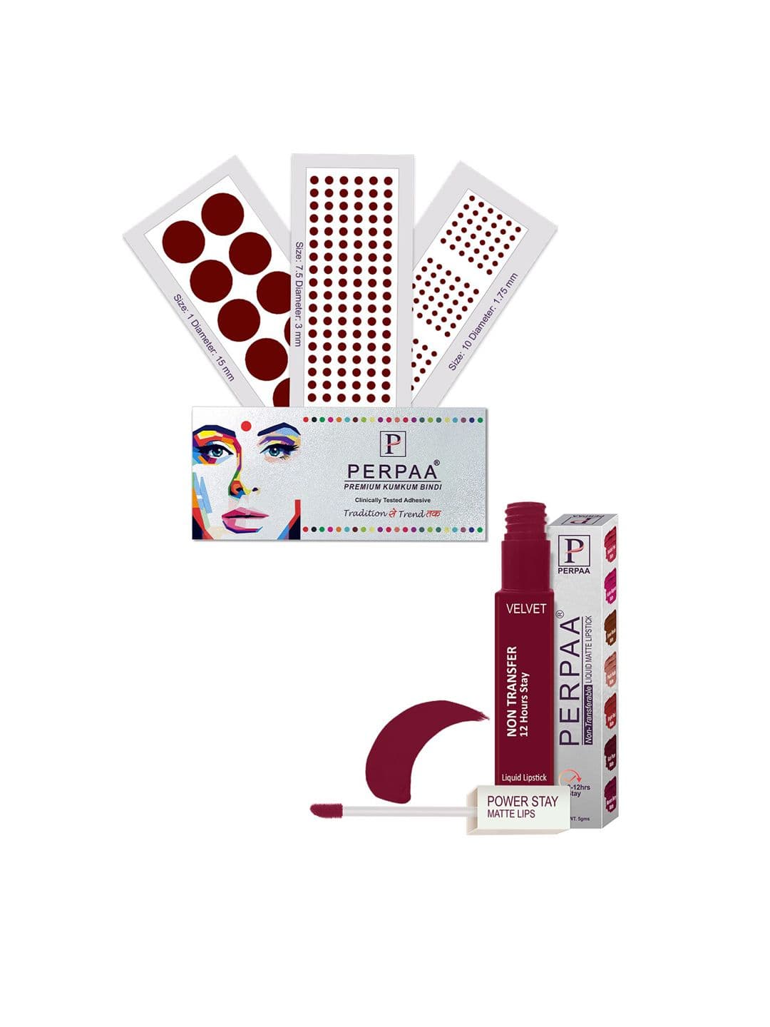 PERPAA Power Stay Non Transfer Lipstick-09 & Set of 3 Premium Maroon Bindis-Size 7.5,01,10 - view 1