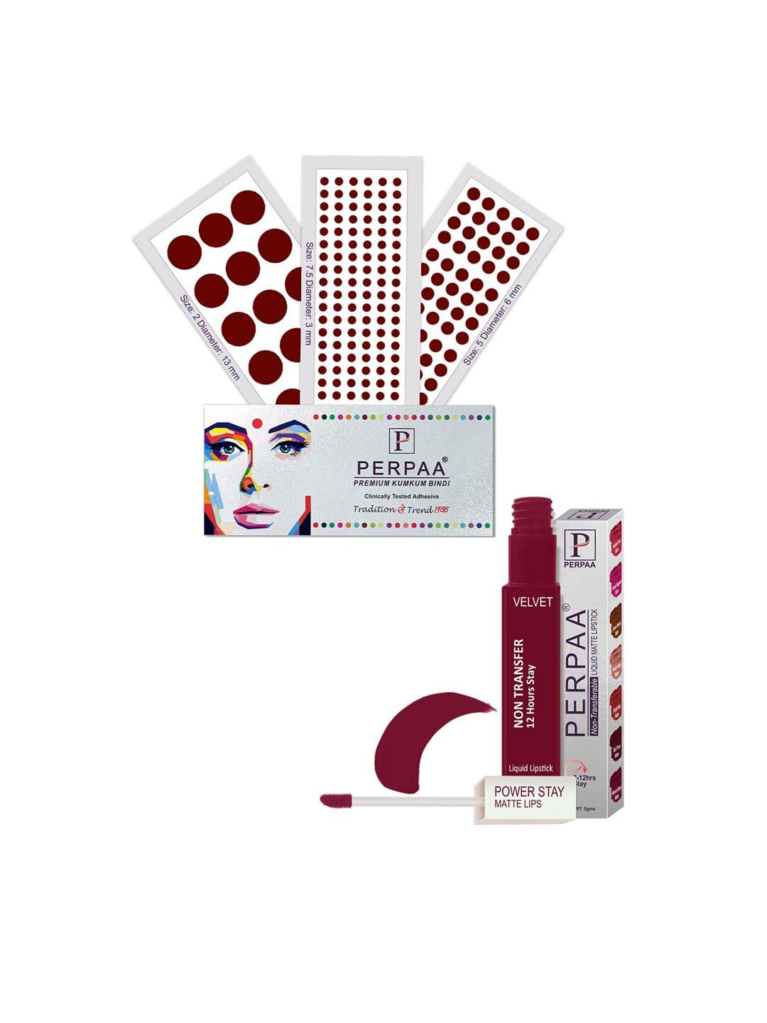 PERPAA Power Stay Non Transfer Lipstick-09 & Set of 3 Premium Maroon Bindis-Size 7.5,02,05 - view 1