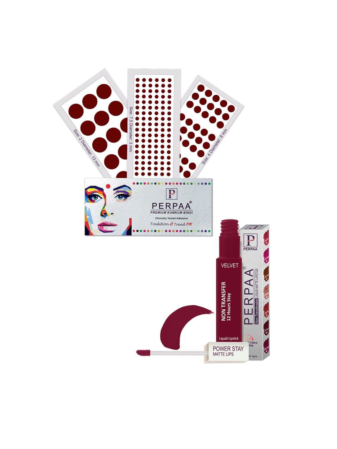 PERPAA Power Stay Non Transfer Lipstick-09 & Set of 3 Premium Maroon Bindis-Size 7.5,02,04 - view 1