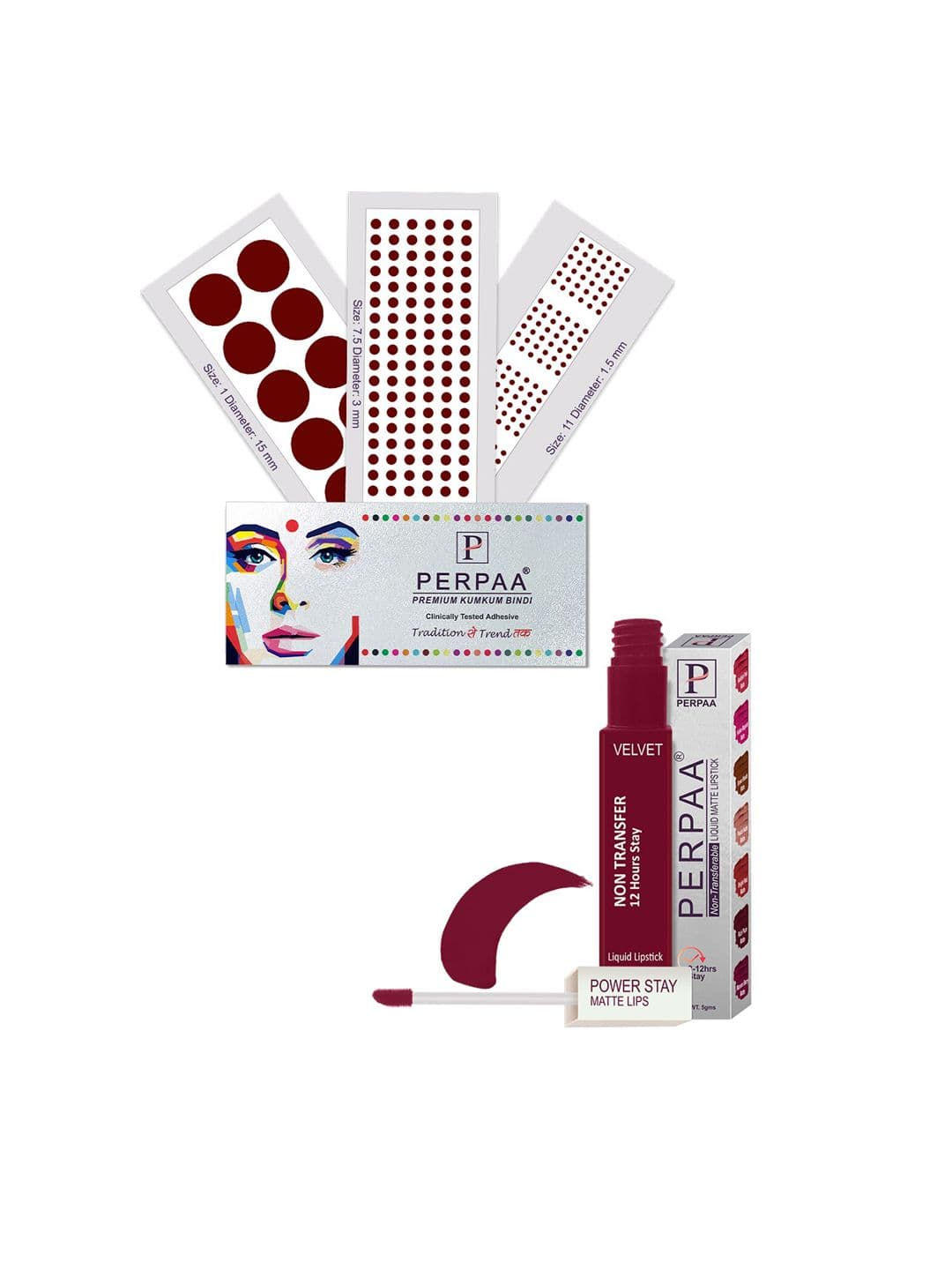 PERPAA Power Stay Non Transfer Lipstick-09 & Set of 3 Premium Maroon Bindi- Size 7.5,01,11 - view 1