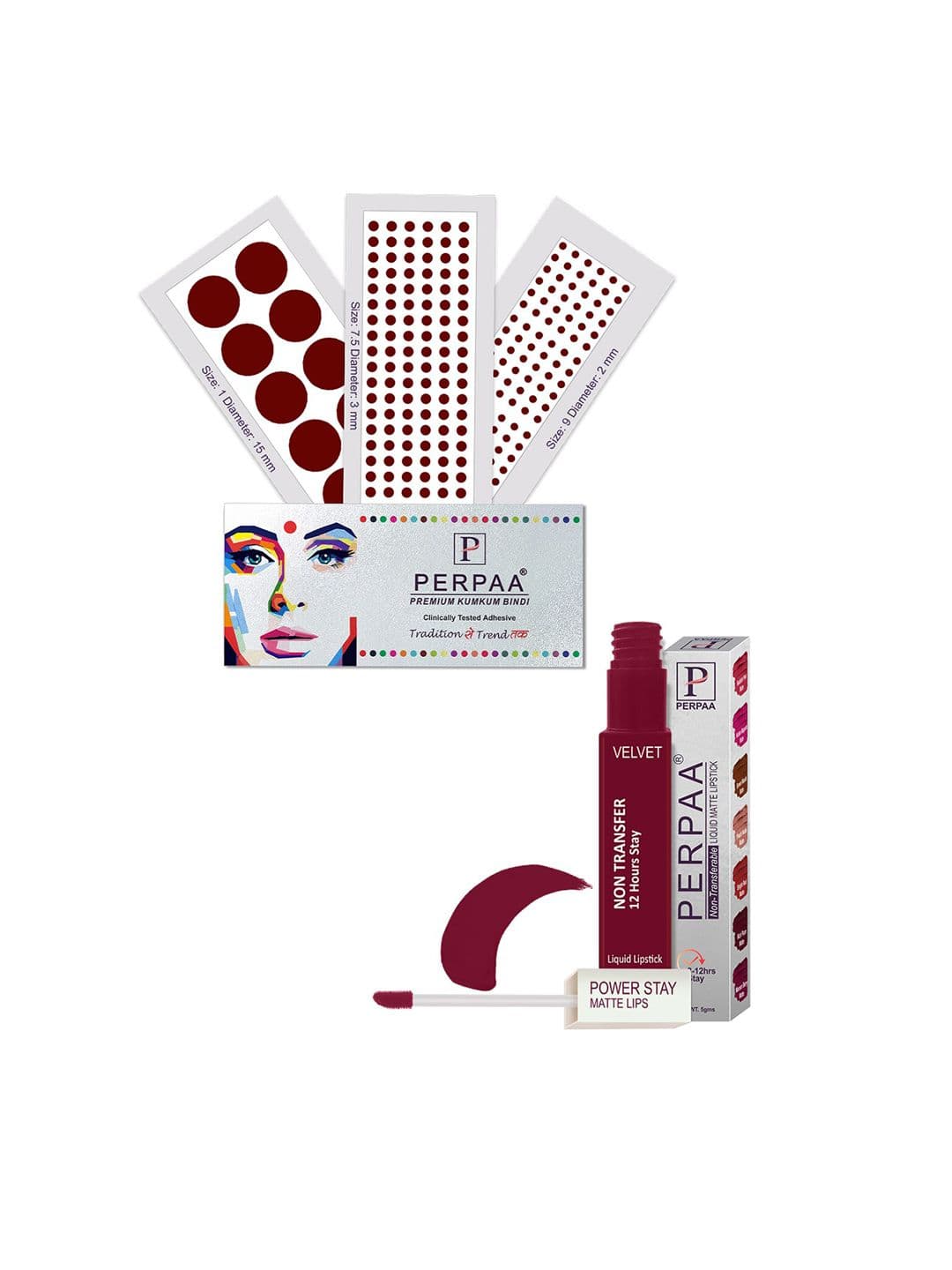 PERPAA Power Stay Non Transfer Lipstick-09 & Set of 3 Premium Maroon Bindi- Size 7.5,01,09 - view 1
