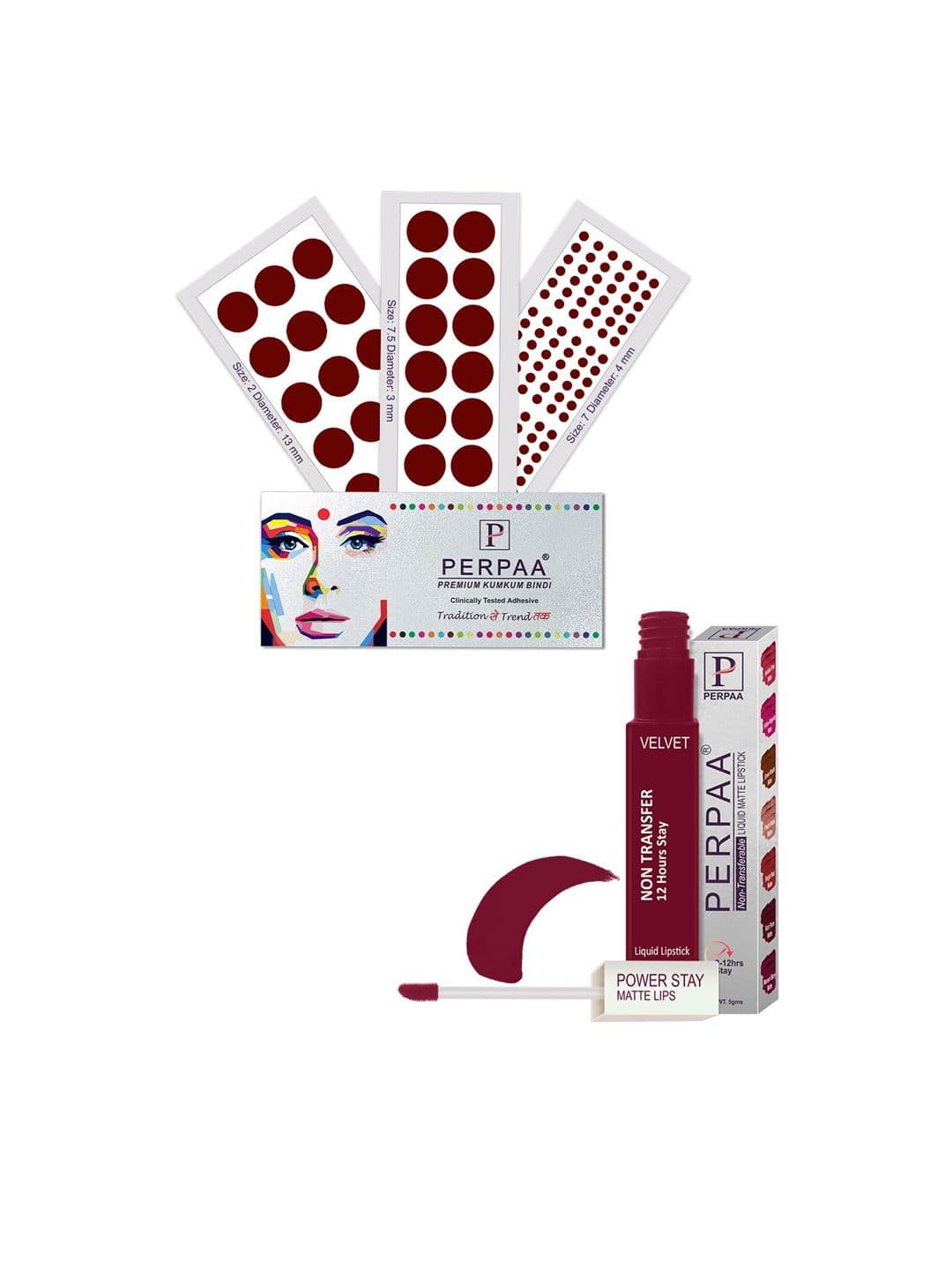 PERPAA Power Stay Non Transfer Lipstick-09 & Set of 3 Premium Maroon Bindi- Size 7.5,02,07 - view 1