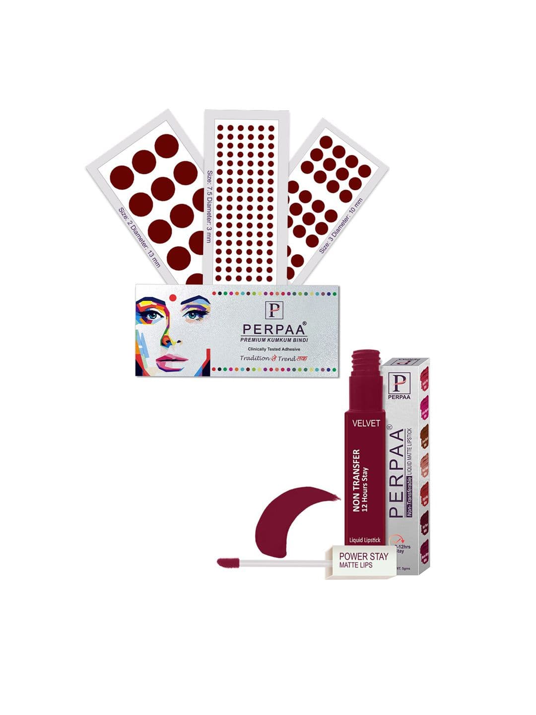 PERPAA Power Stay Non Transfer Lipstick-09 & Set of 3 Premium Maroon Bindi- Size 7.5,02,03 - view 1