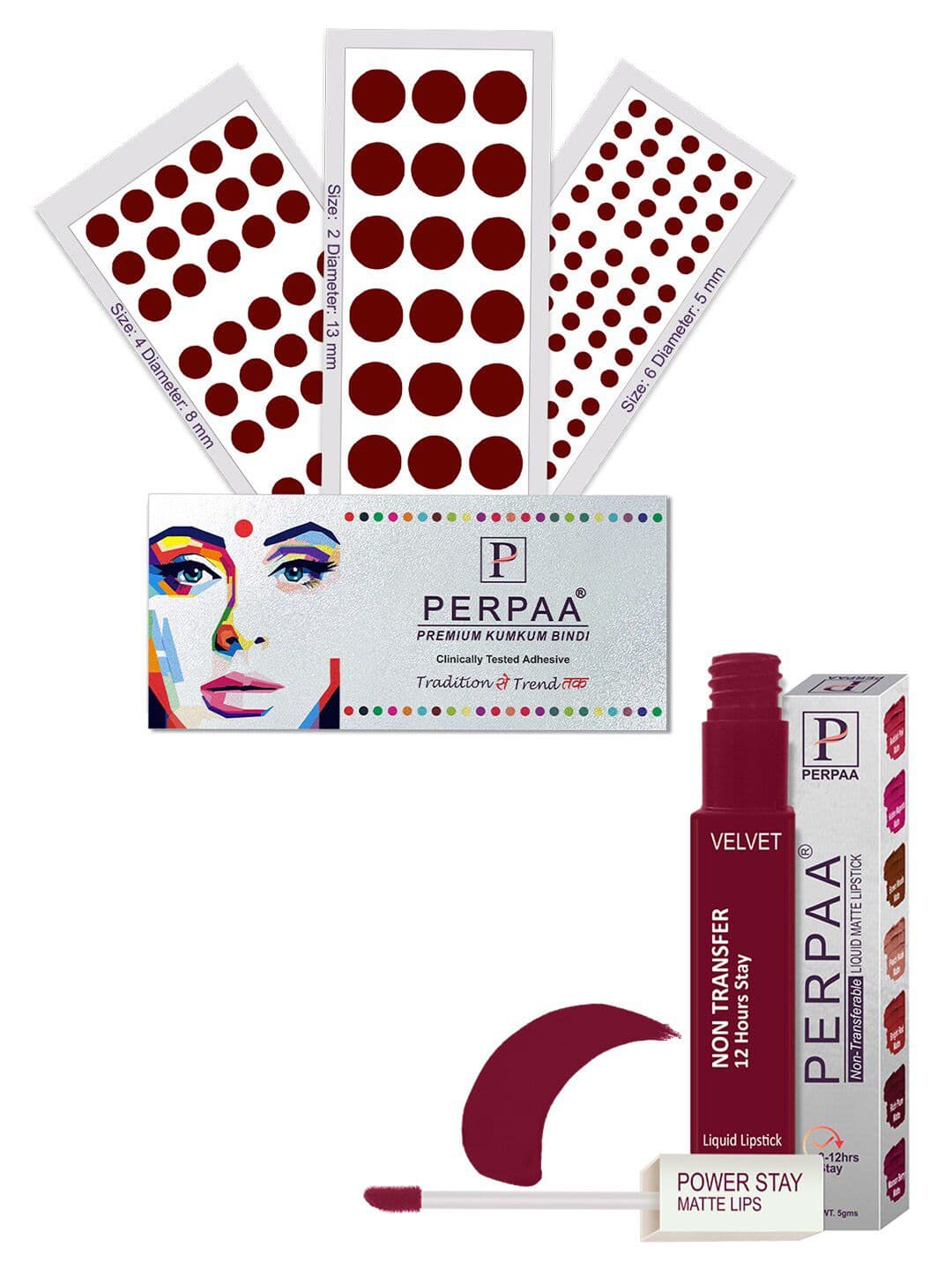PERPAA Power Stay Non Transfer Lipstick-09 & Set of 3 Premium Maroon Bindis-Size 02,06,04 - view 1