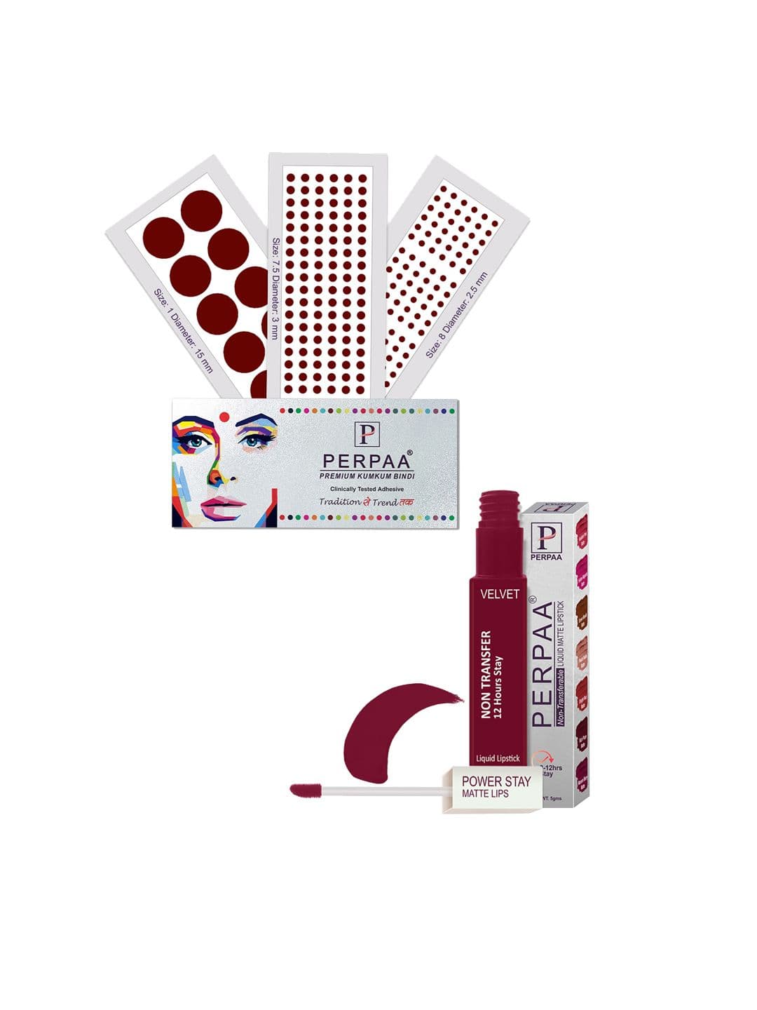 PERPAA Power Stay Non Transfer Lipstick-09 & Set of 3 Premium Maroon Bindis-Size 7.5,01,08 - view 1