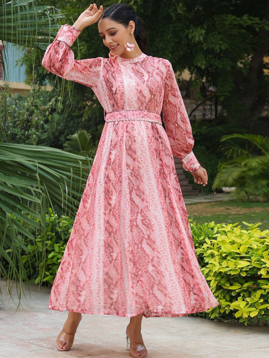 Juniper Peach Abstract Printed High Neck Cuffed Sleeves Belted Ethnic Dress - view 1