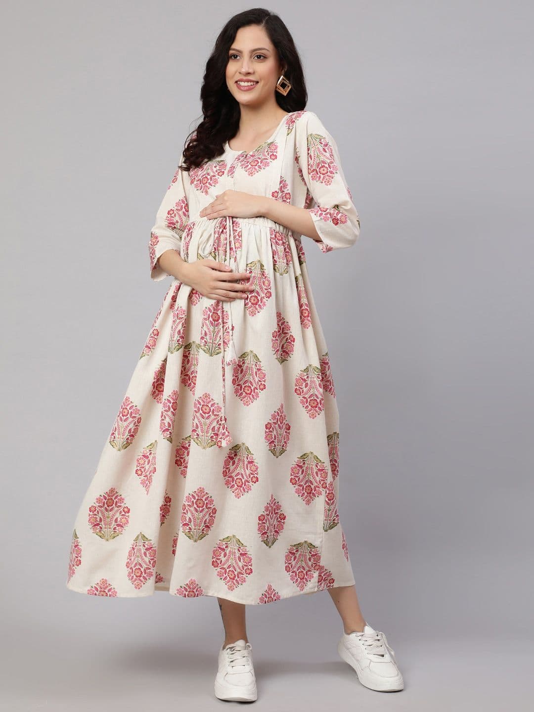 Nayo Off White Floral Printed Round Neck Tie Up Cotton Fit & Flare Maternity Dress - view 1